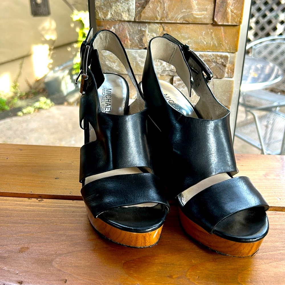 Michael Kors leather sling back platform heels -silver buckles & wooden details